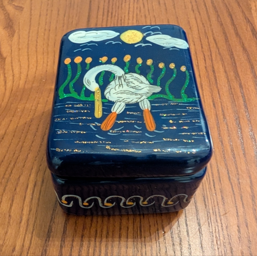 Handcrafted Blue Clay Pottery Trinket Box with Heron Design